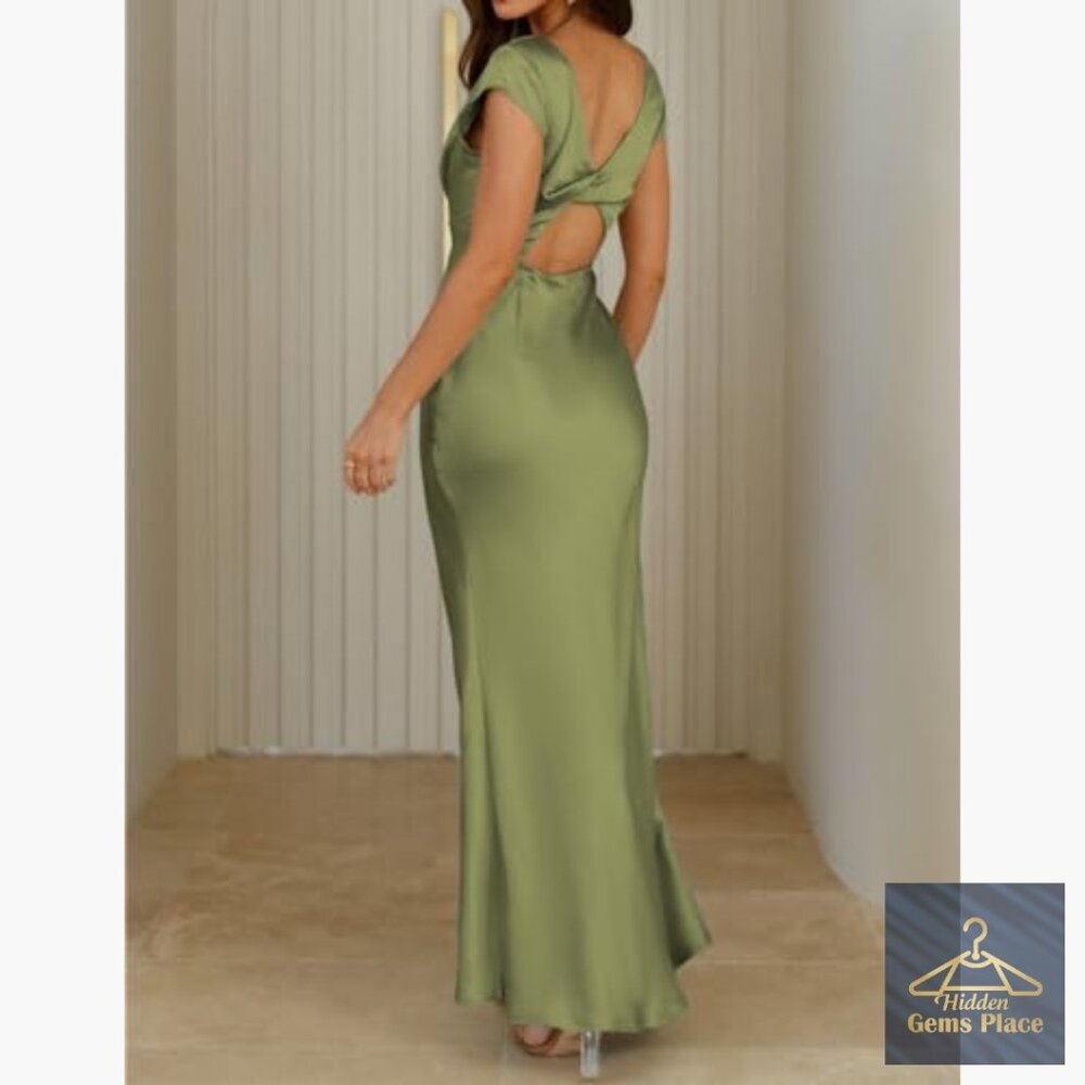 Satin V-Neck Backless Midi Dress with Cap Sleeves and Twist Detail - Picture 4 of 6